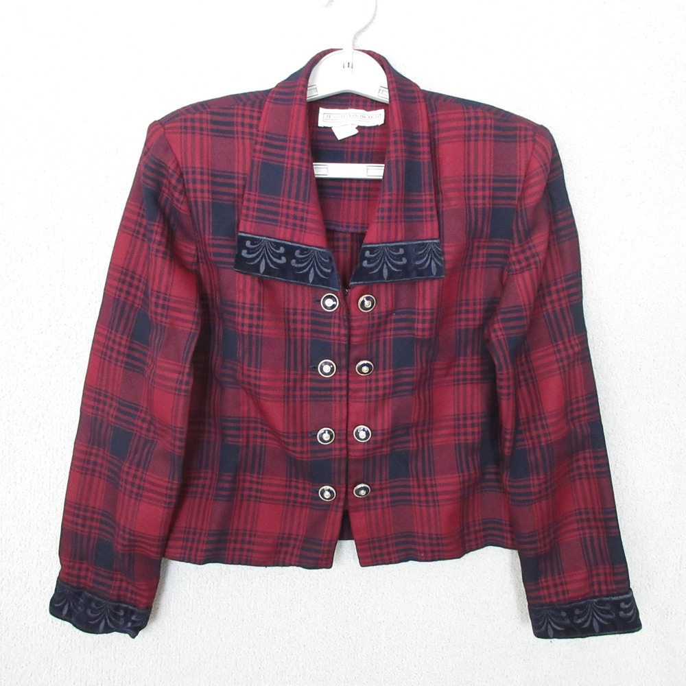 VTG Jessica Howard Plaid Blazer Velvet Trim Jacket Burgundy‎ Black Womens Size 8